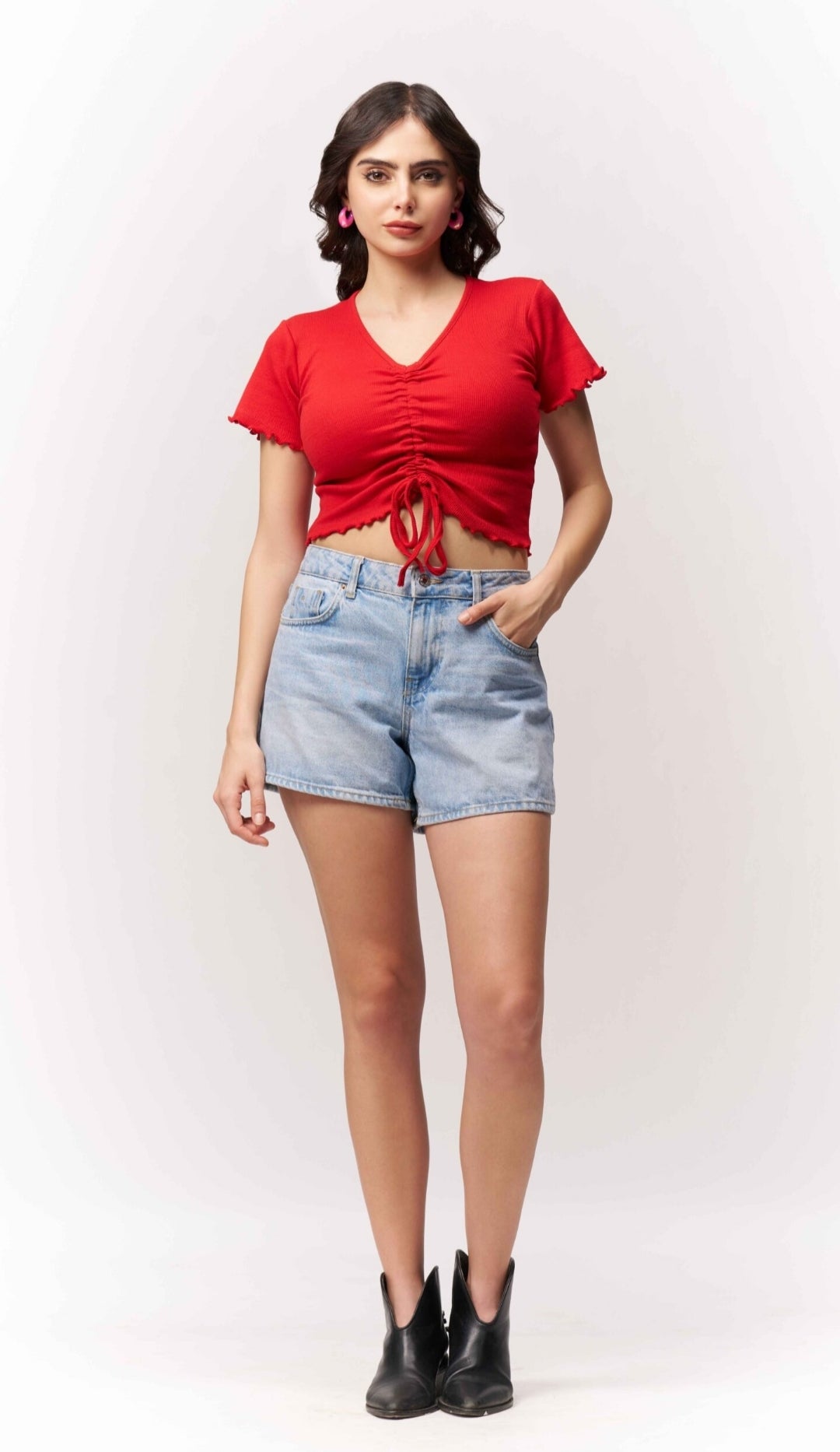 Vlantix Women Red Ribbed Ruched Tie-Front Crop Top