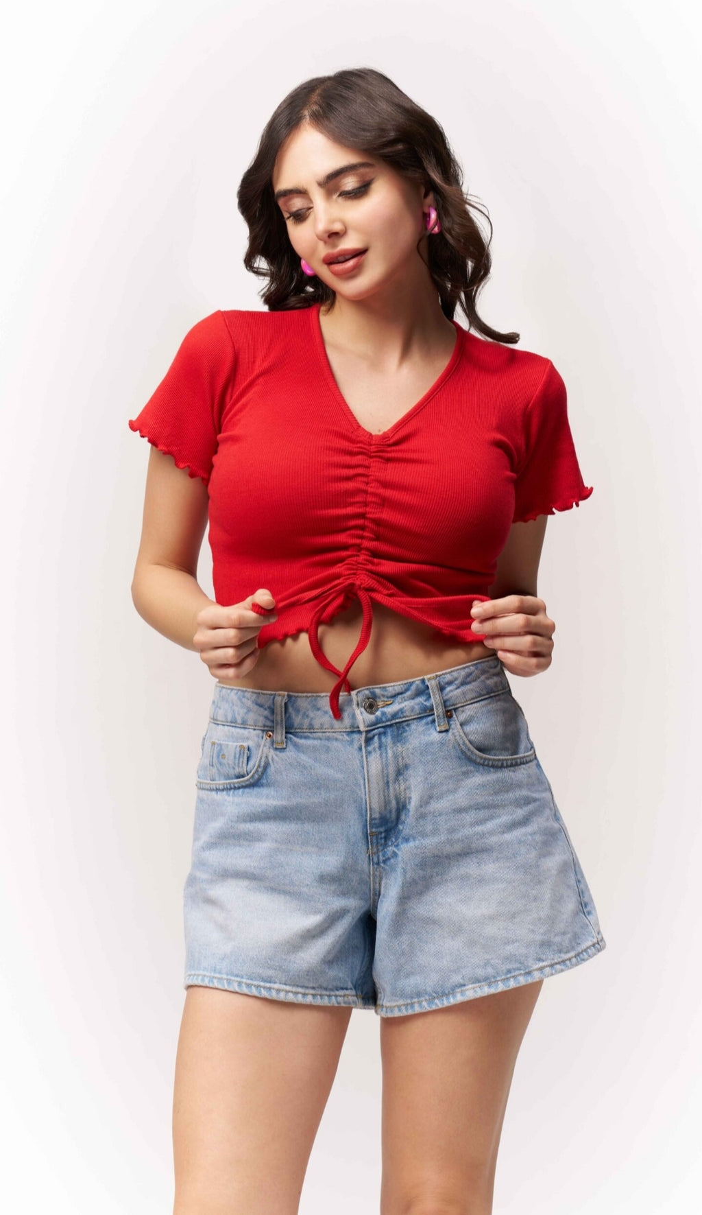 Vlantix Women Red Ribbed Ruched Tie-Front Crop Top
