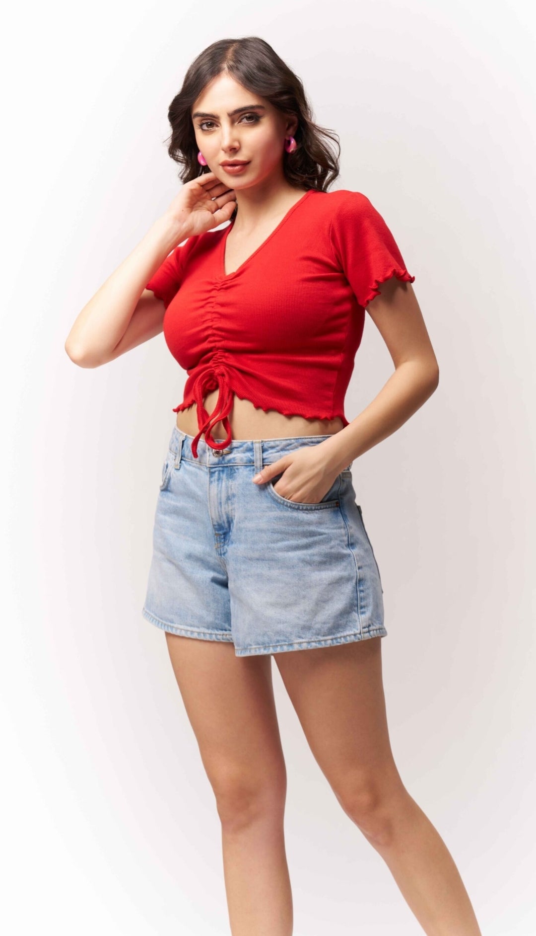 Vlantix Women Red Ribbed Ruched Tie-Front Crop Top