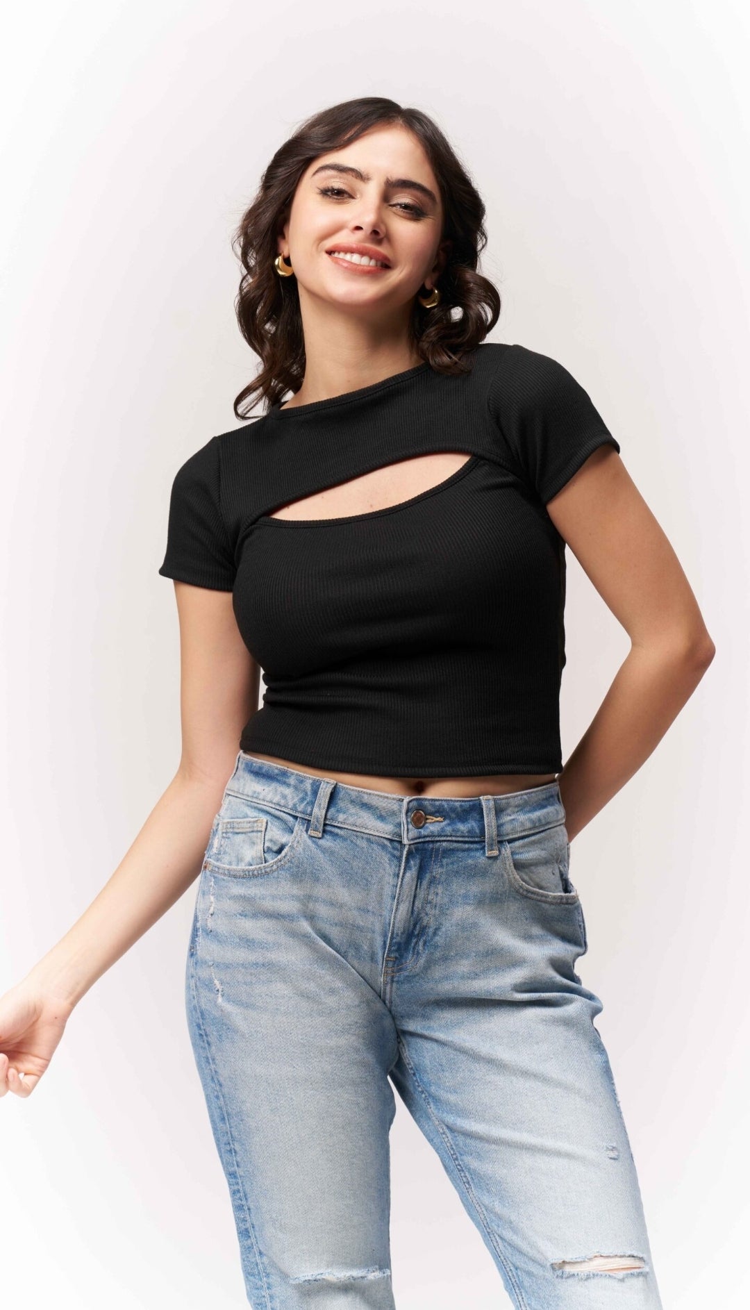 Vlantix Women Black Ribbed Front Cut-Out Crop Top