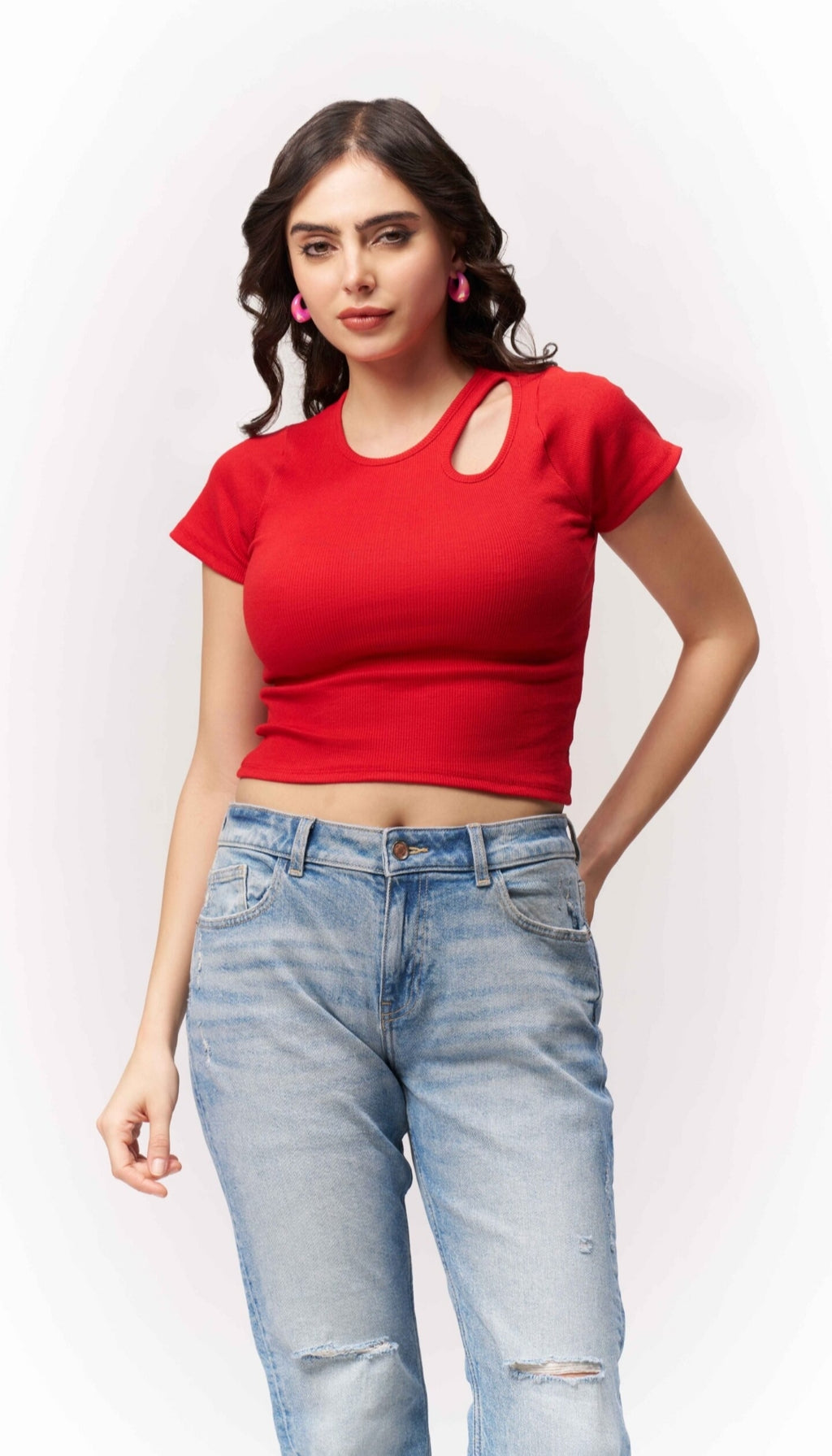 Vlantix Women Red Ribbed Asymmetric Cut-Out Crop Top