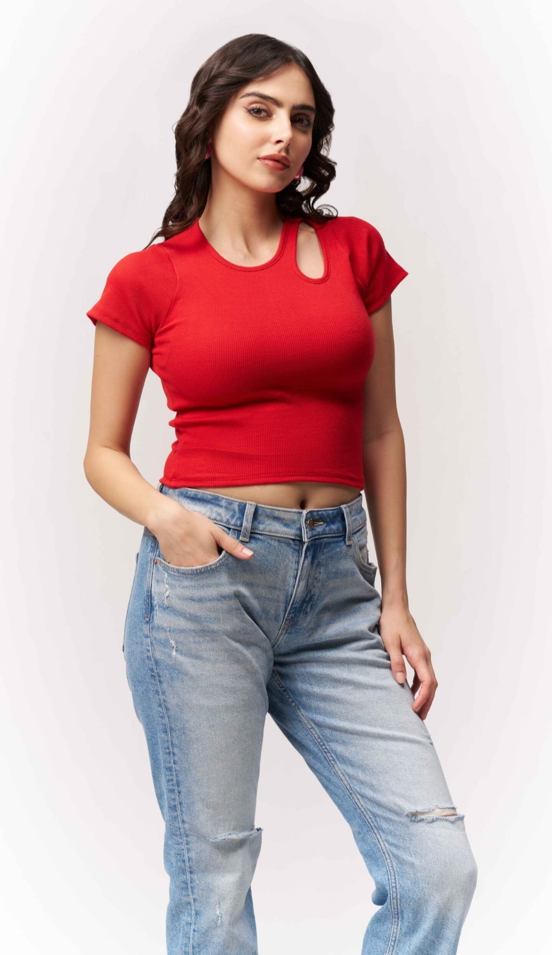 Vlantix Women Red Ribbed Asymmetric Cut-Out Crop Top