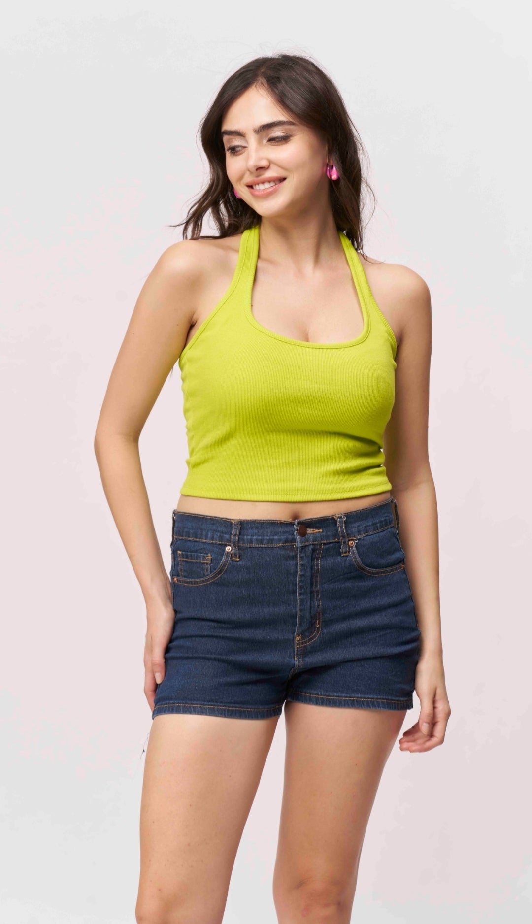 Vlantix Women Lime Green Ribbed Halter Neck Crop Top
