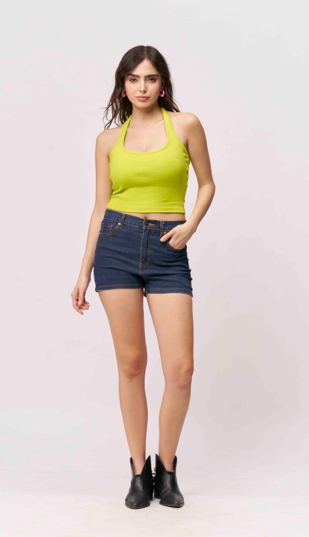 Vlantix Women Lime Green Ribbed Halter Neck Crop Top