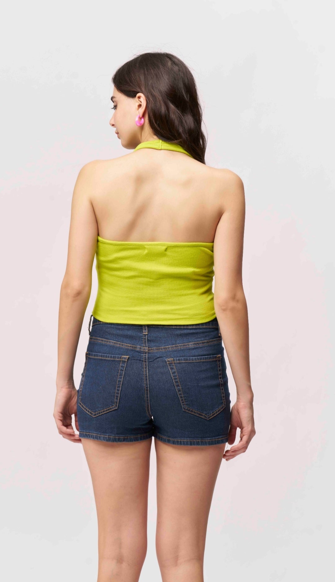 Vlantix Women Lime Green Ribbed Halter Neck Crop Top