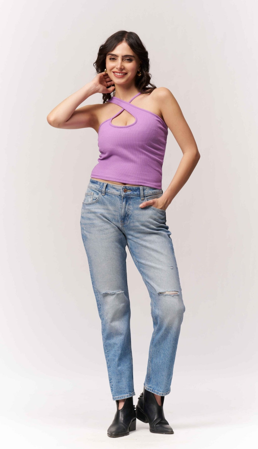 Vlantix Women Lavender Ribbed Criss-Cross Cut-Out Top