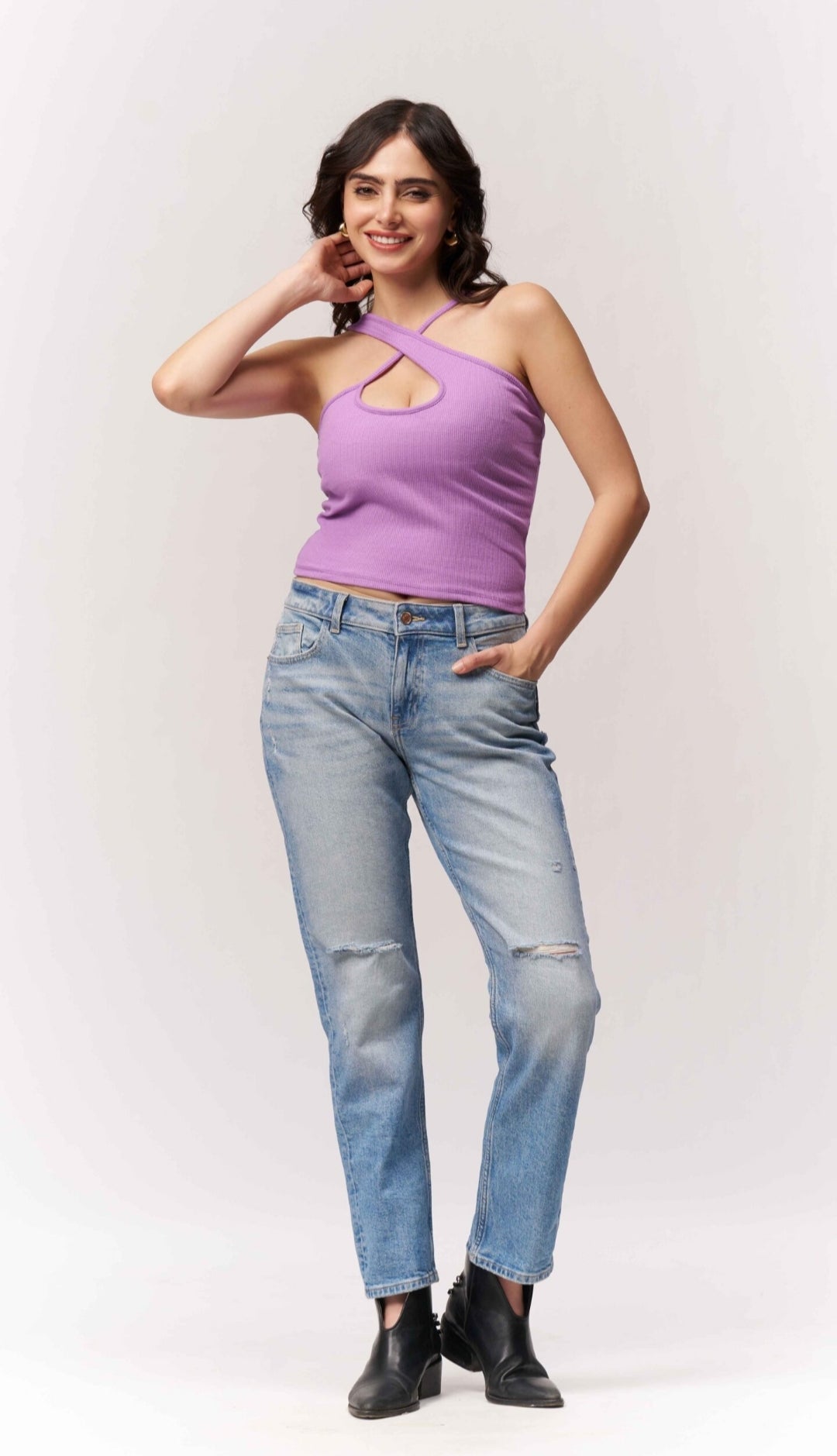 Vlantix Women Lavender Ribbed Criss-Cross Cut-Out Top