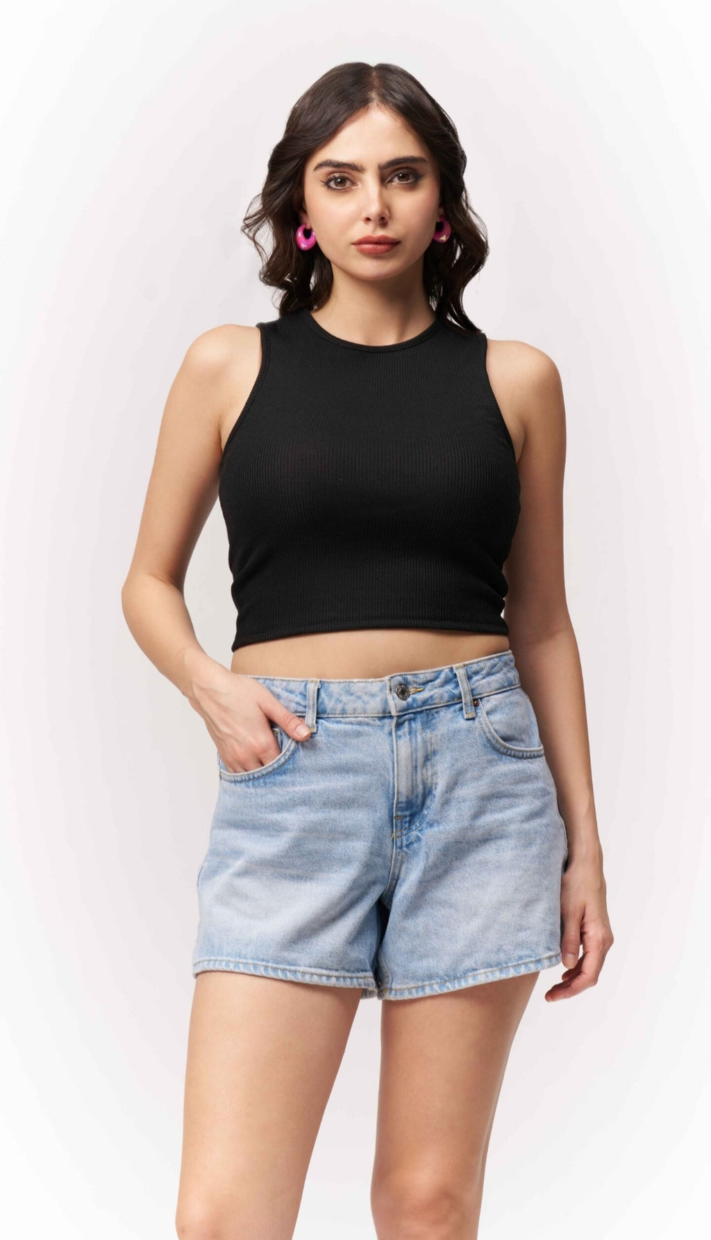 Vlantix Women Black Ribbed Sleeveless High Neck Crop Top