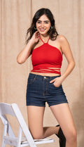 Vlantix Women Red Ribbed Halter Neck Wrap Tie-Up Crop Top