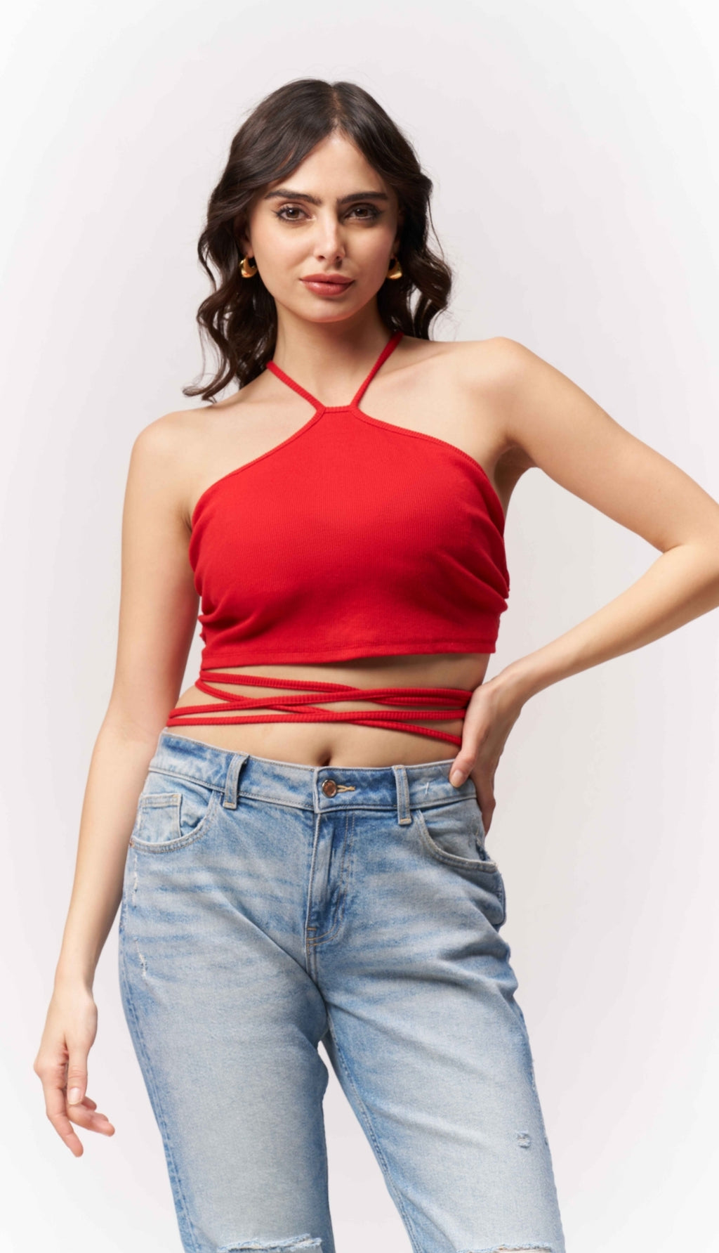 Vlantix Women Red Ribbed Halter Neck Wrap Tie-Up Crop Top