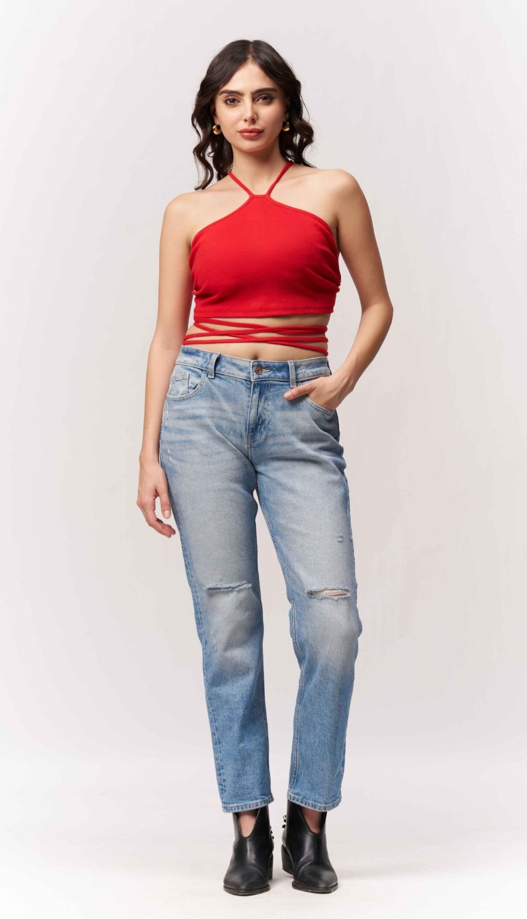 Vlantix Women Red Ribbed Halter Neck Wrap Tie-Up Crop Top