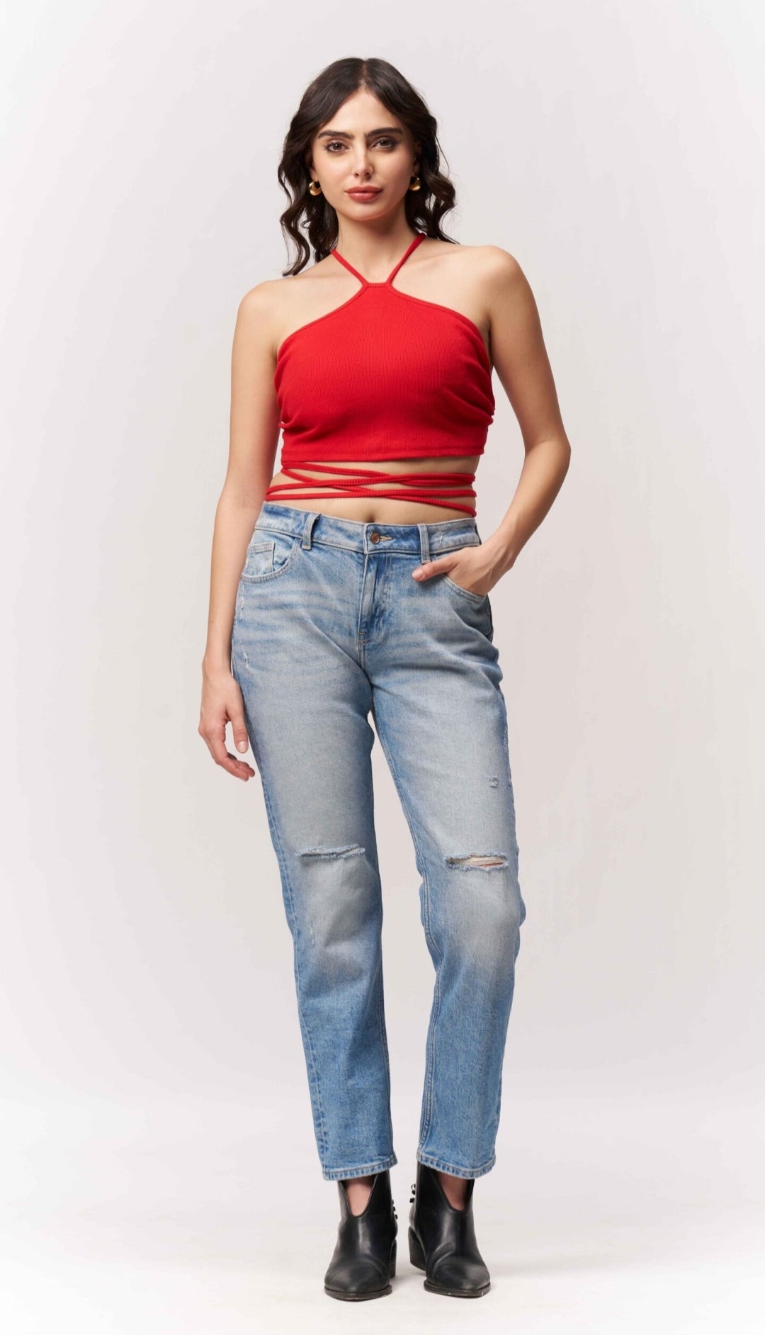 Vlantix Women Red Ribbed Halter Neck Wrap Tie-Up Crop Top