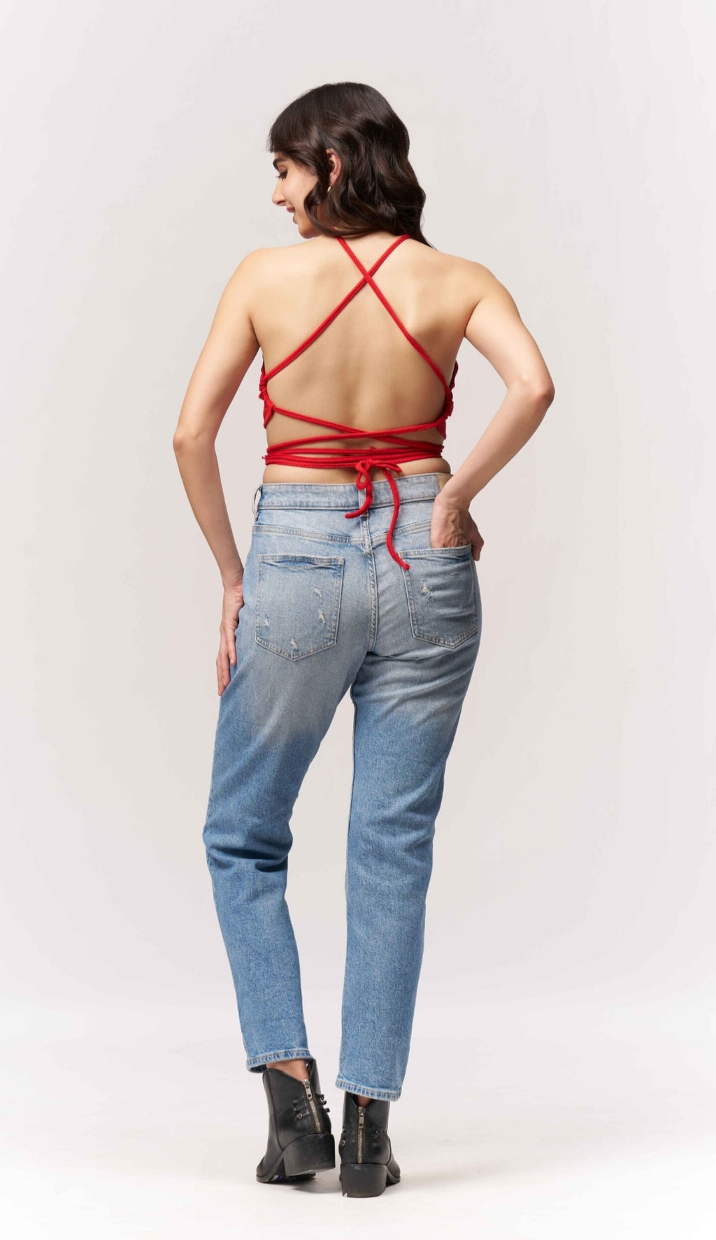Vlantix Women Red Ribbed Halter Neck Wrap Tie-Up Crop Top