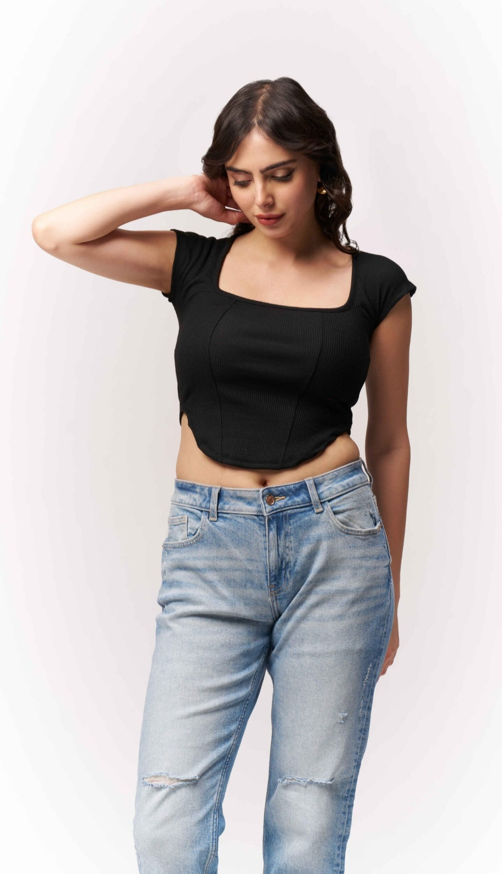 Vlantix Women Black Ribbed Square Neck Corset-Style Crop Top