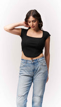 Vlantix Women Black Ribbed Square Neck Corset-Style Crop Top