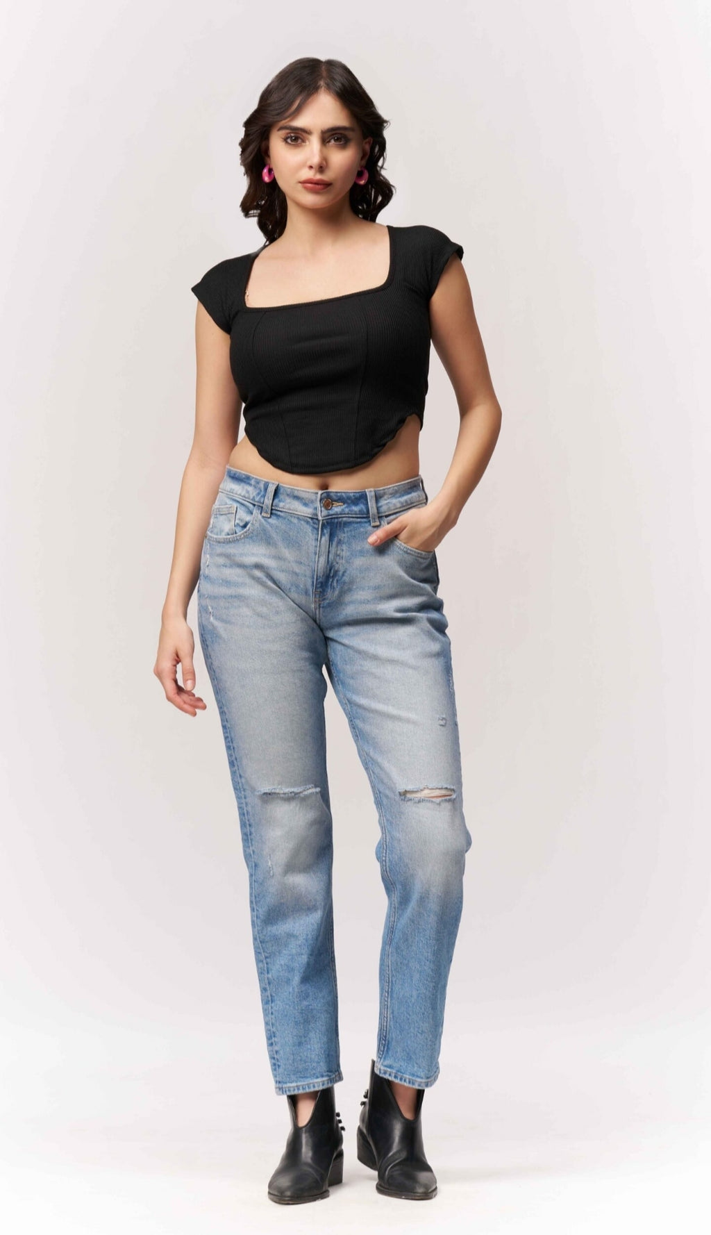 Vlantix Women Black Ribbed Square Neck Corset-Style Crop Top