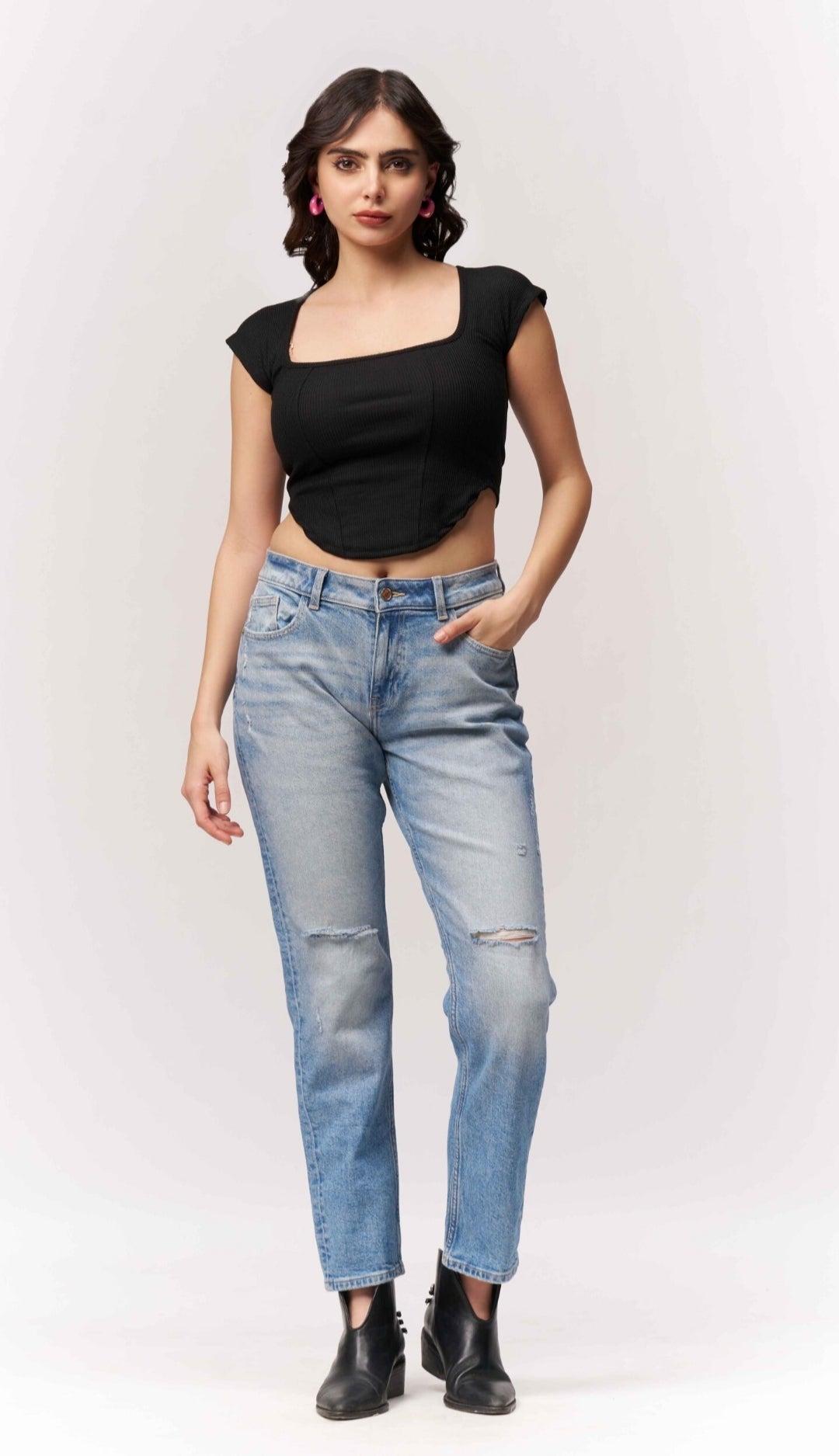 Vlantix Women Black Ribbed Square Neck Corset-Style Crop Top