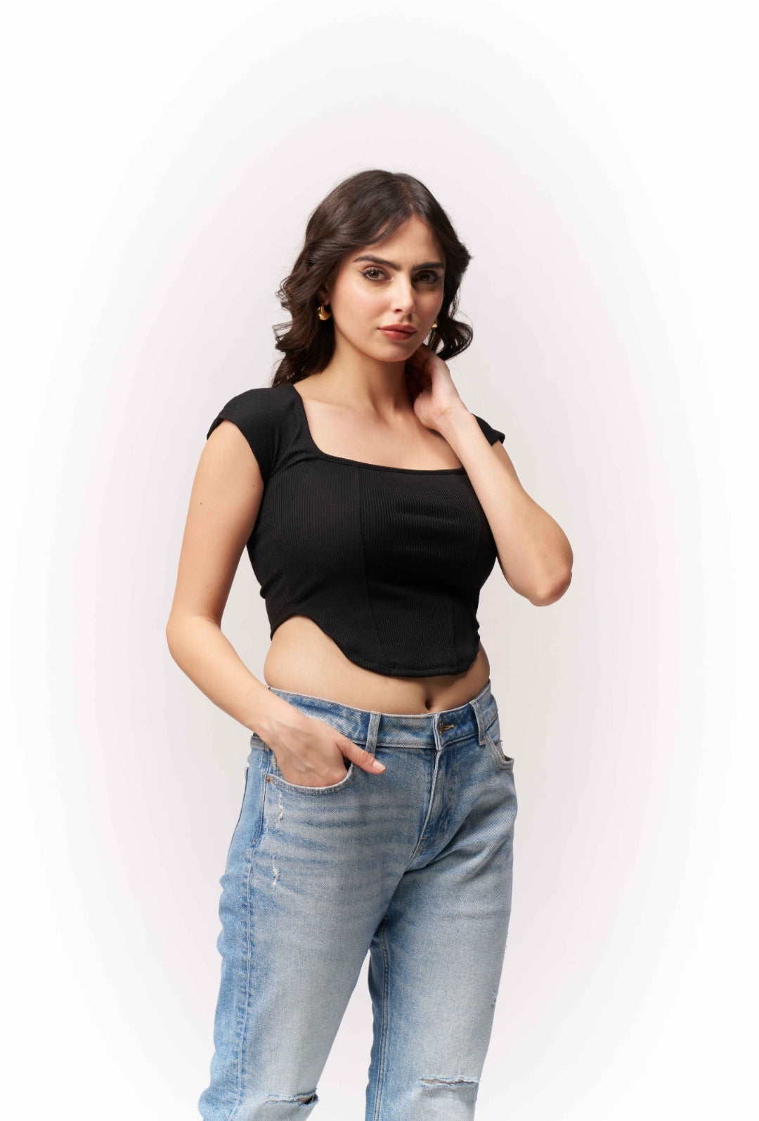 Vlantix Women Black Ribbed Square Neck Corset-Style Crop Top