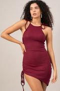 Vlantix Women Wine Ribbed Ruched Bodycon Mini Dress