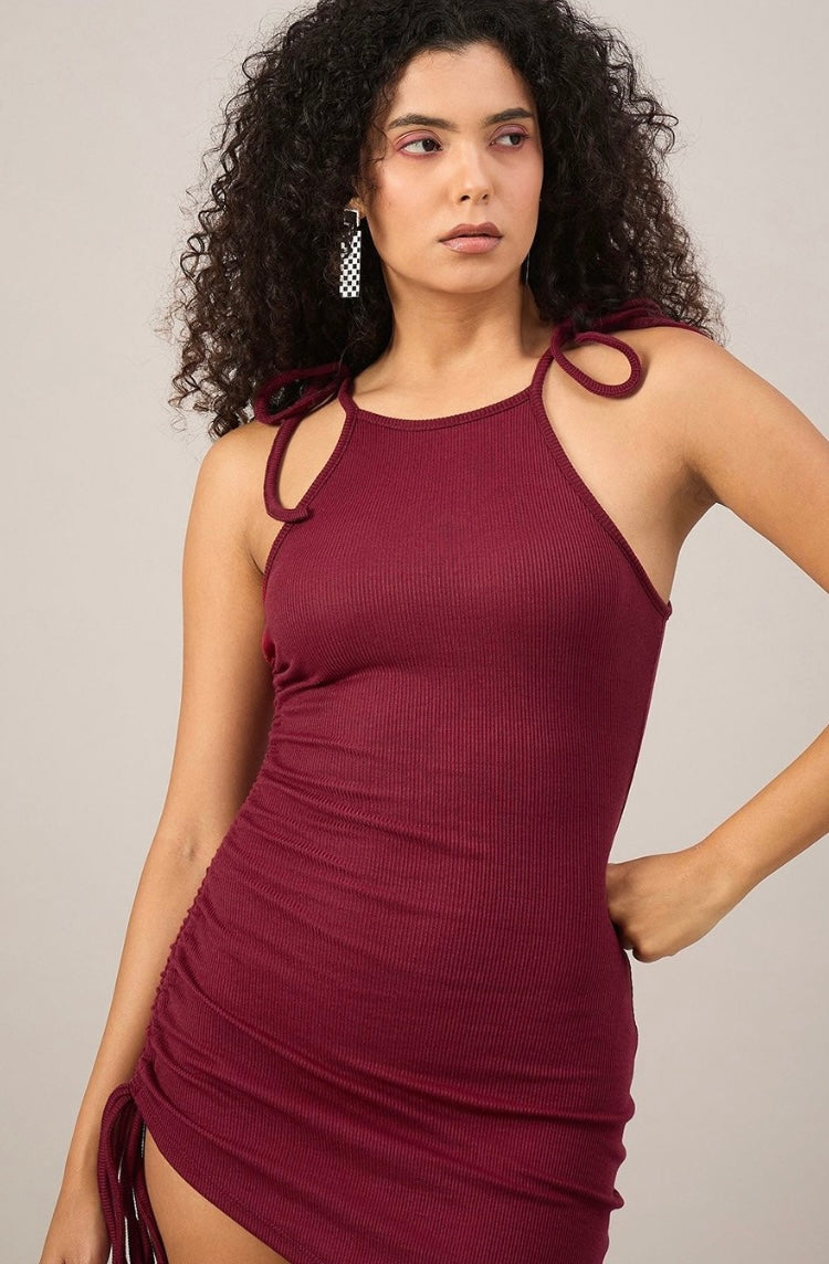 Vlantix Women Wine Ribbed Ruched Bodycon Mini Dress