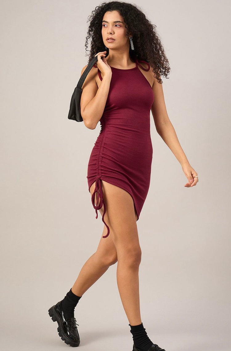 Vlantix Women Wine Ribbed Ruched Bodycon Mini Dress