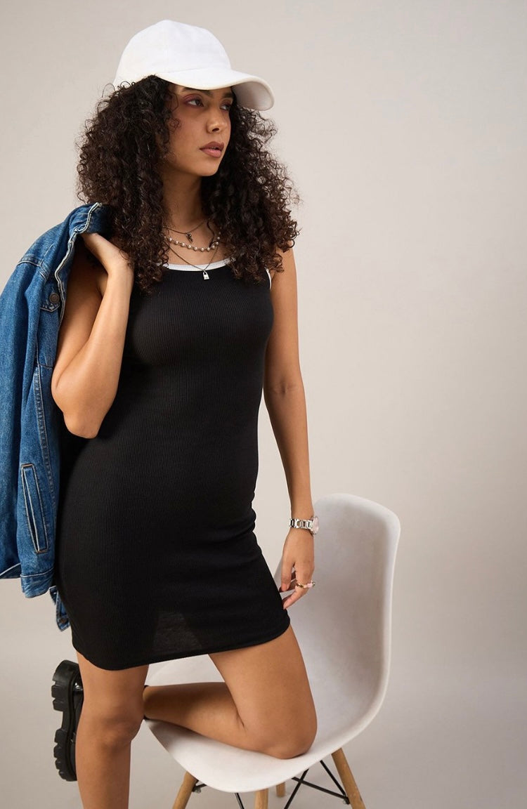 Vlantix Women Black Contrast Trim Ribbed Bodycon Mini Dress