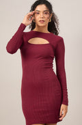 Vlantix Women Wine Ribbed Bodycon Cut-Out Mini Dress