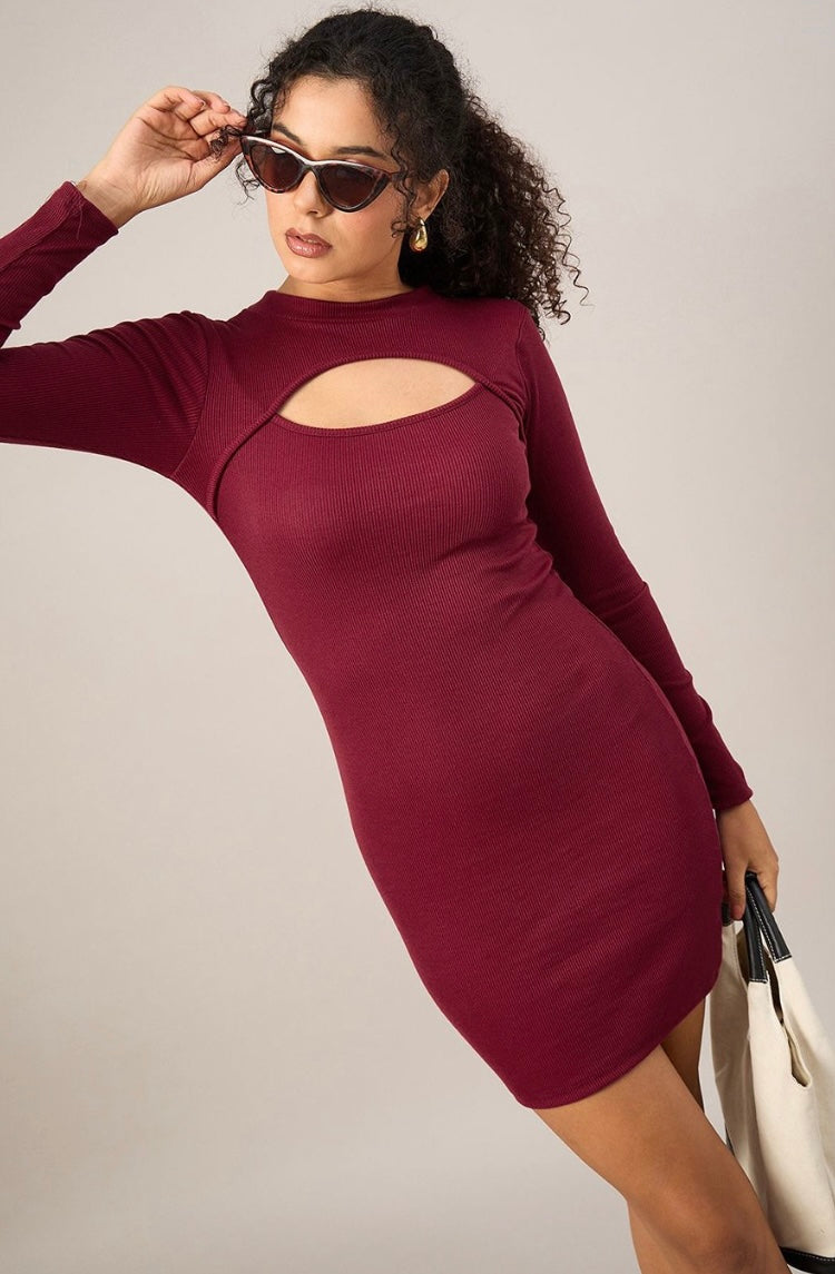 Vlantix Women Wine Ribbed Bodycon Cut-Out Mini Dress