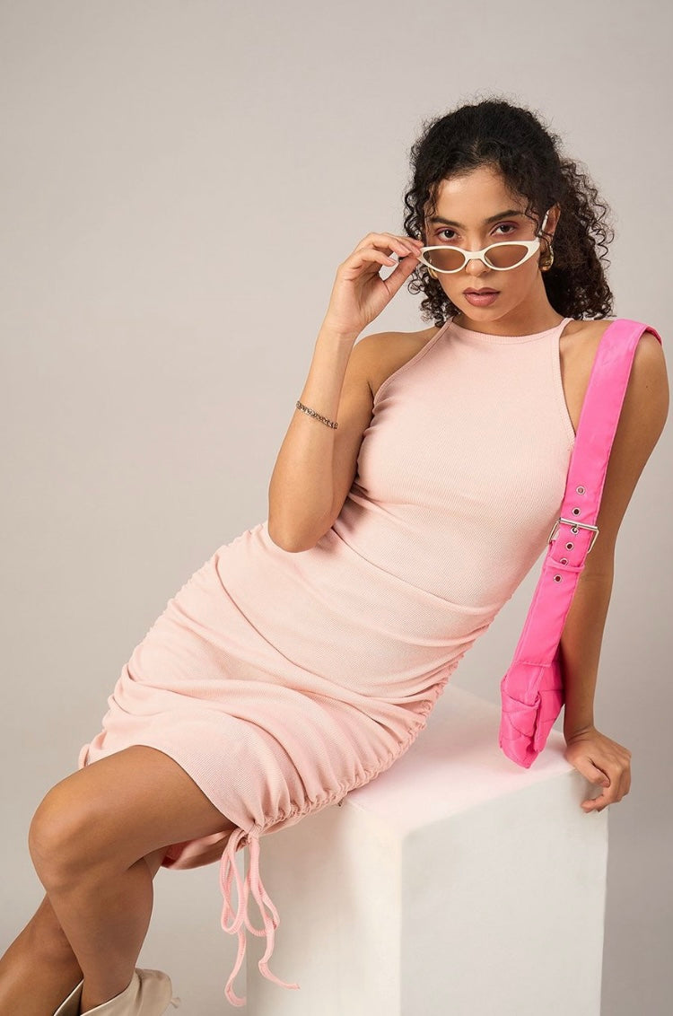 Vlantix Women Blush Pink Ribbed Ruched Midi Bodycon Dress