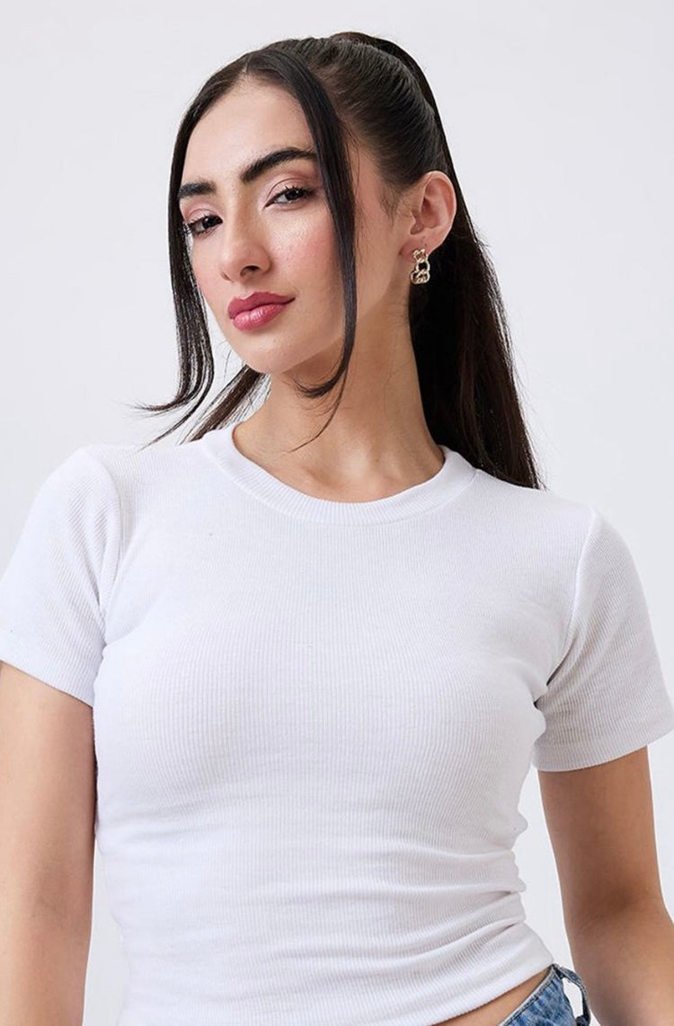 Vlantix Women White Ribbed Slim Fit Crop Top