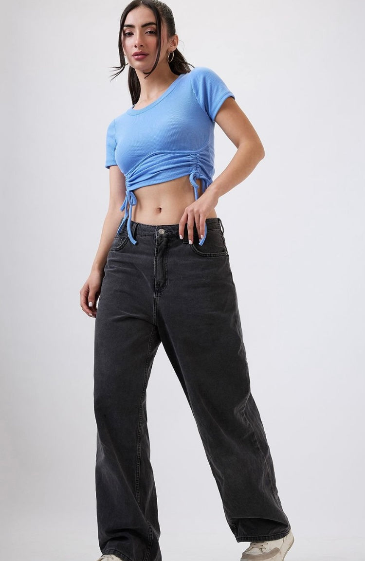 Vlantix Women Sky Blue Ribbed Ruched Drawstring Crop Top