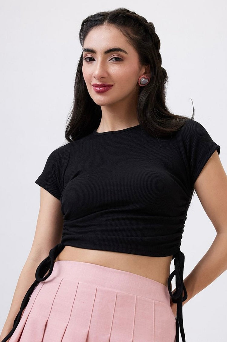 Vlantix Women Black Ribbed Ruched Drawstring Crop Top