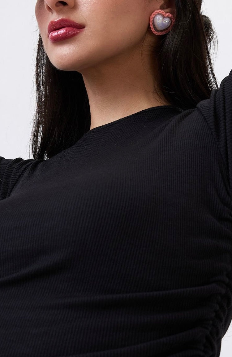 Vlantix Women Black Ribbed Ruched Drawstring Crop Top