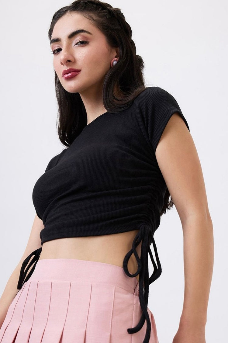 Vlantix Women Black Ribbed Ruched Drawstring Crop Top