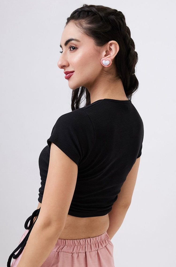 Vlantix Women Black Ribbed Ruched Drawstring Crop Top