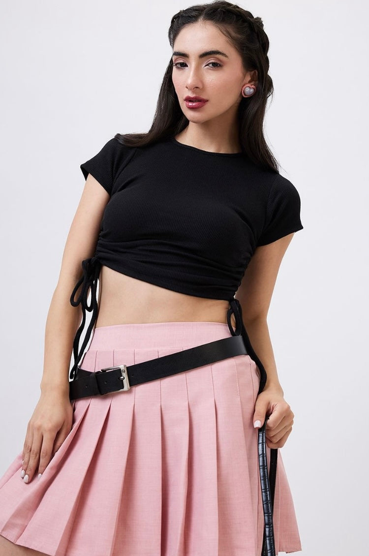 Vlantix Women Black Ribbed Ruched Drawstring Crop Top