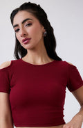 Vlantix Women Maroon Ribbed Cold Shoulder Crop Top