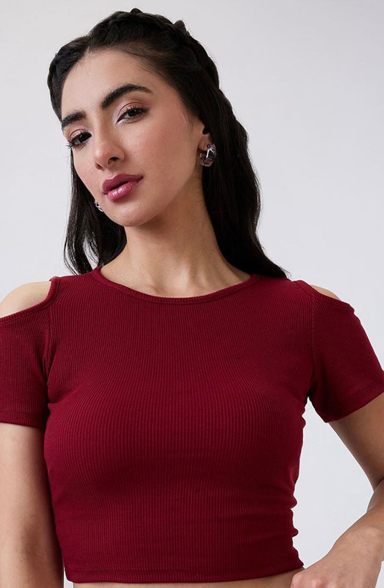 Vlantix Women Maroon Ribbed Cold Shoulder Crop Top