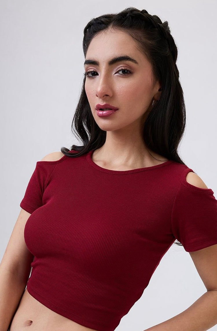 Vlantix Women Maroon Ribbed Cold Shoulder Crop Top