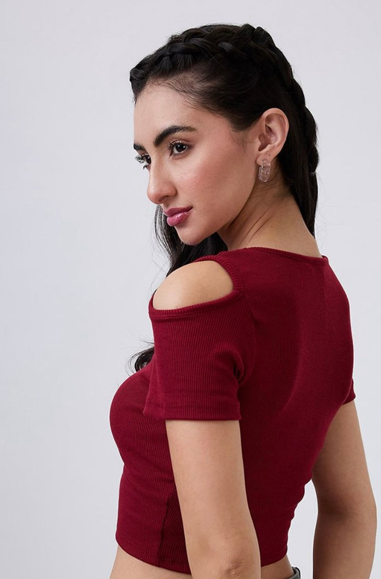 Vlantix Women Maroon Ribbed Cold Shoulder Crop Top