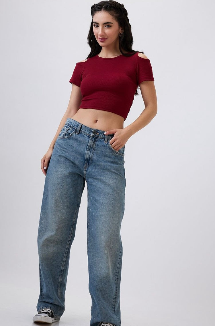 Vlantix Women Maroon Ribbed Cold Shoulder Crop Top