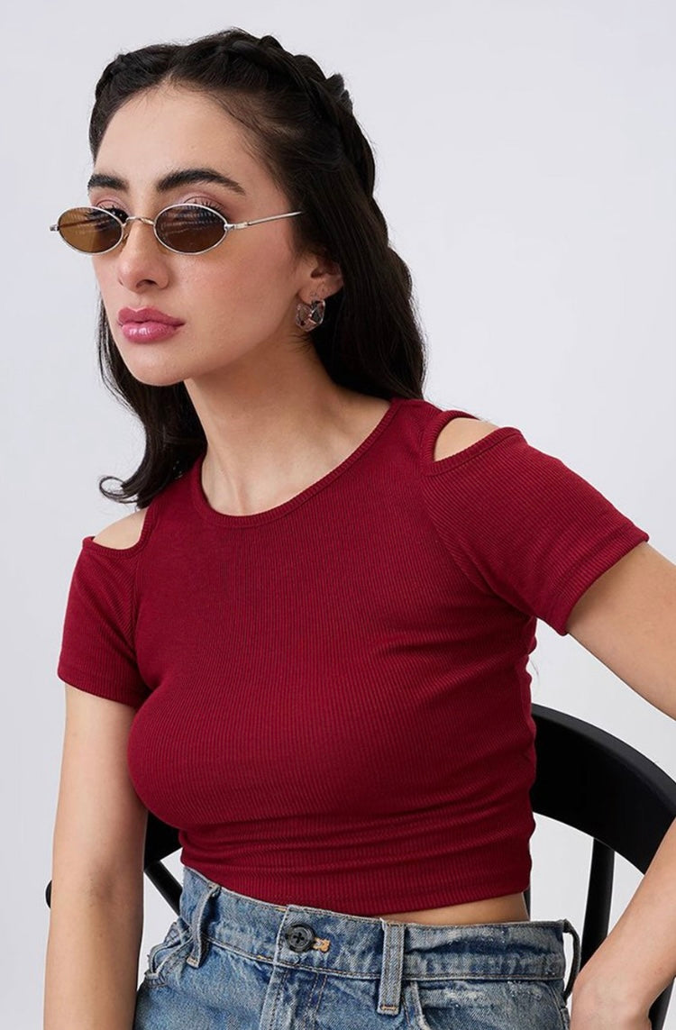 Vlantix Women Maroon Ribbed Cold Shoulder Crop Top