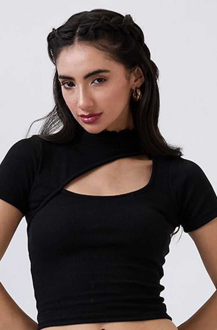 Vlantix Women Black Ribbed Cut-Out Crop Top