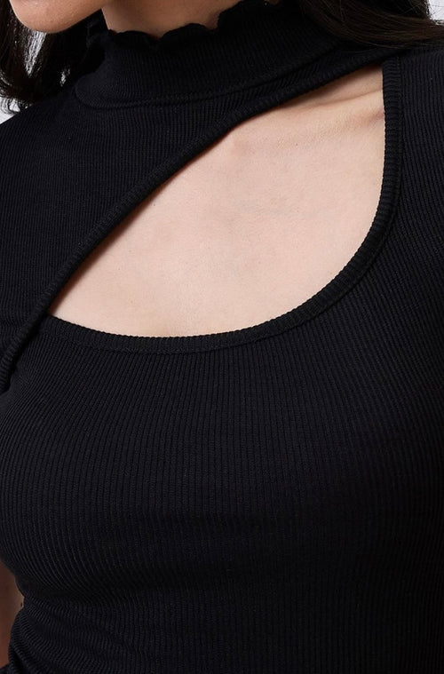 Vlantix Women Black Ribbed Cut-Out Crop Top