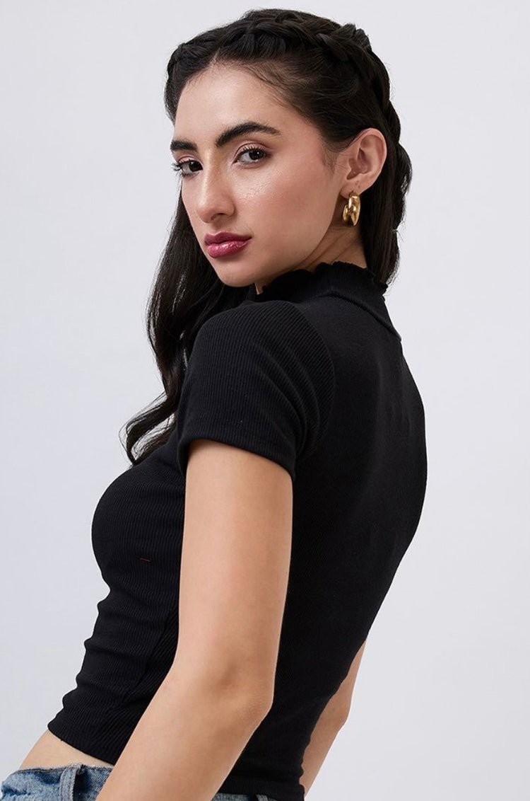 Vlantix Women Black Ribbed Cut-Out Crop Top