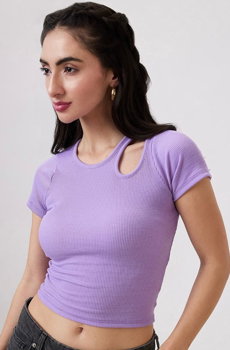 Vlantix Women Lavender Ribbed Cut-Out Crop Top