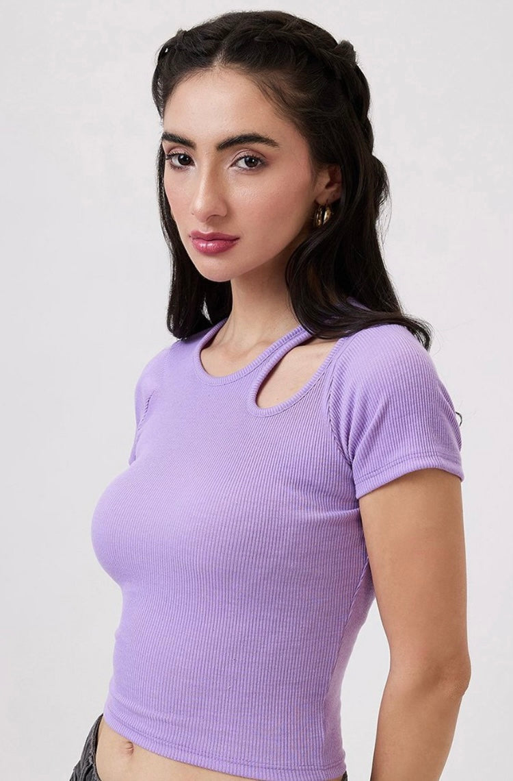 Vlantix Women Lavender Ribbed Cut-Out Crop Top
