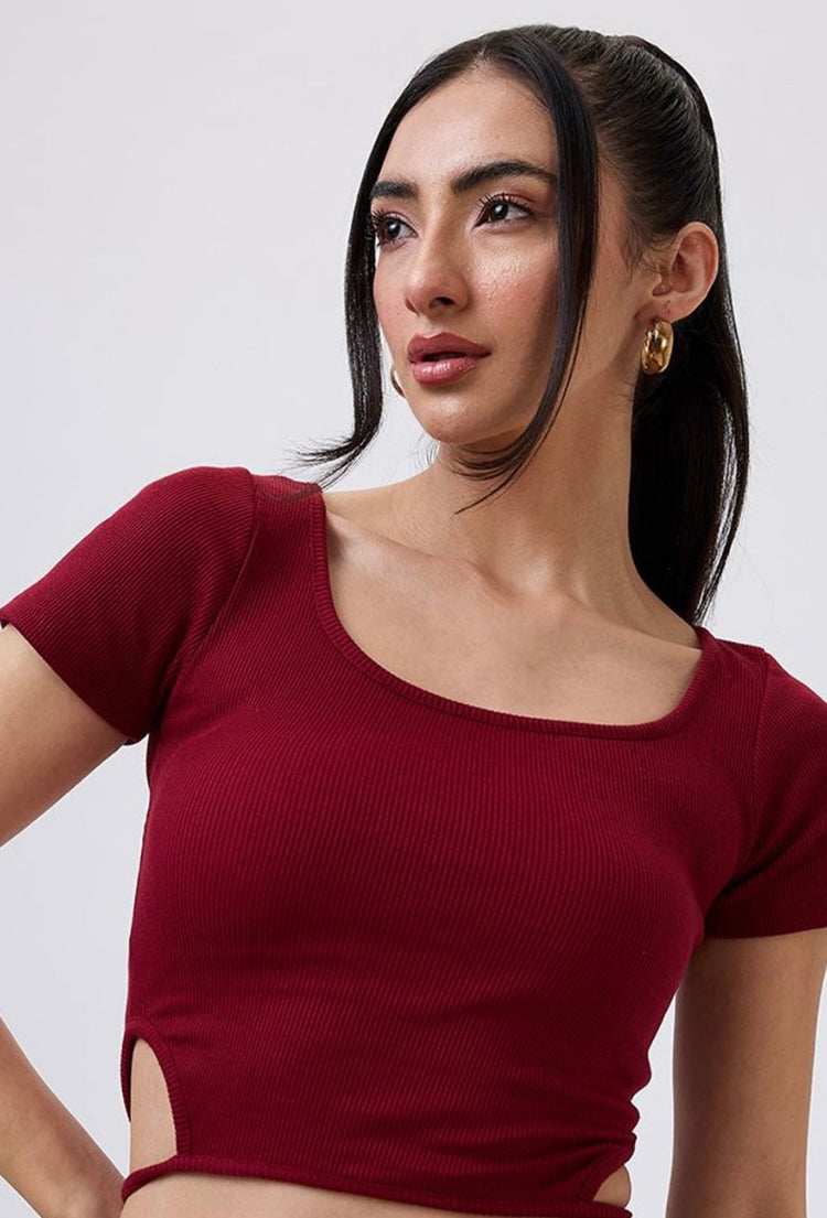 Vlantix Women Maroon Ribbed Waist Cut-Out Crop Top
