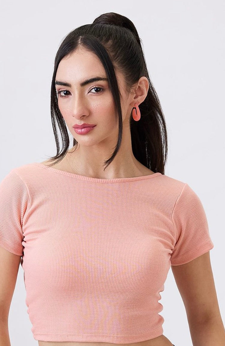 Vlantix Women Peach Ribbed Open Back Crop Top