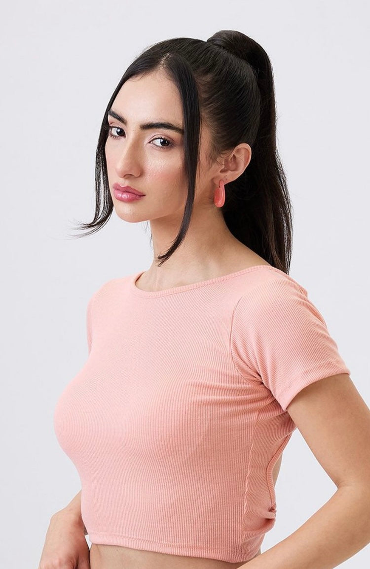 Vlantix Women Peach Ribbed Open Back Crop Top